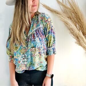 ANTHROPOLOGIE Dolan Blue White Flowering Pasture Button Silk Blouse Shirt Top M